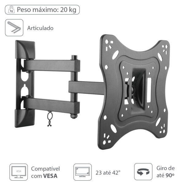 SUPORTE PARA TV LED LCD DE 23" A 42"  ARTICULADO COM INCLINAÇÃO E PASSADOR DE CABOS - ST210A - Imagem 2