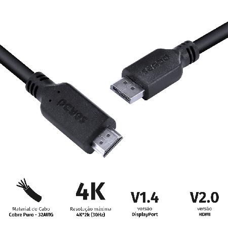 CABO DISPLAYPORT 1.4 PARA HDMI 2.0 PCYES - 2 METROS - PDPHM-2 - Imagem 2