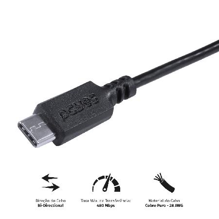 CABO PARA CELULAR CARREGAMENTO DADOS USB A 2.0 MACHO PARA USB TIPO-C - PRETO - 50 CM - PUACP-05 - Imagem 2