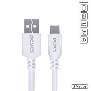 CABO PARA CELULAR TABLET CARREGAMENTO USB A 2.0 M P/ USB TIPO-C - BRANCO - 2 MTS - PUACB-02
