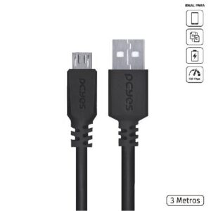 CABO PARA CELULAR CAMERA CAIXA DE SOM CARREGAMENTO MICRO USB PARA USB A 2.0 - PRETO - 3 METROS - PMUAP-3