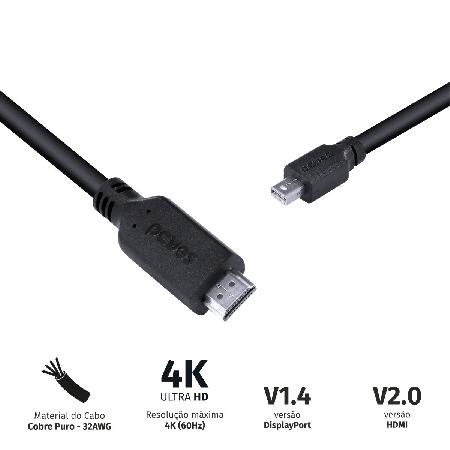 CABO MINI DISPLAYPORT MACHO PARA HDMI 2.0 MACHO 2 METROS - PMDPH4K-2 - Imagem 2