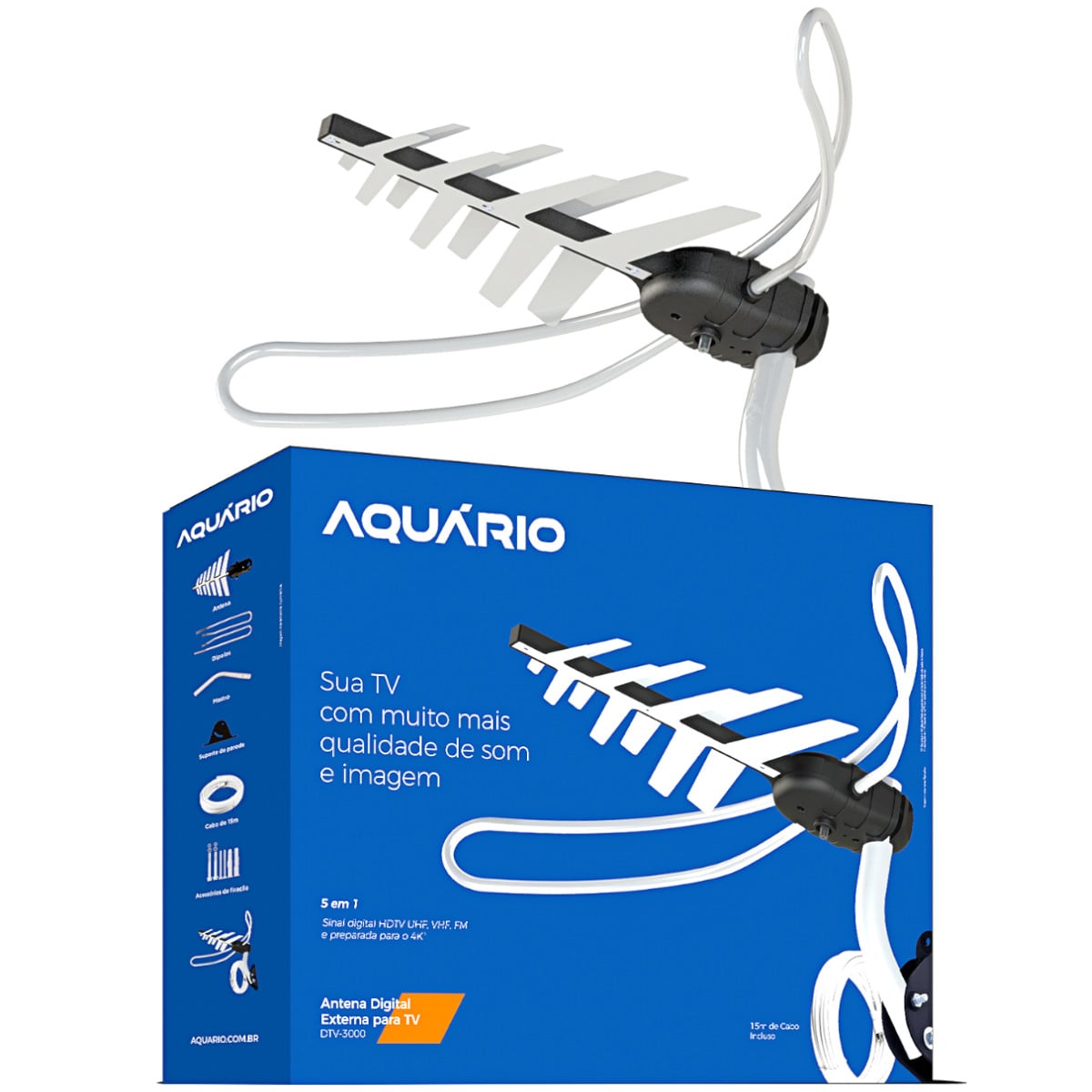 ANTENA TV DIGITAL EXTERNA 4 EM 1 VHF/UHF/FM/HDTV DTV-3000, COMPLETA, COM MASTRO E CABOS 15 METROS - Imagem 6