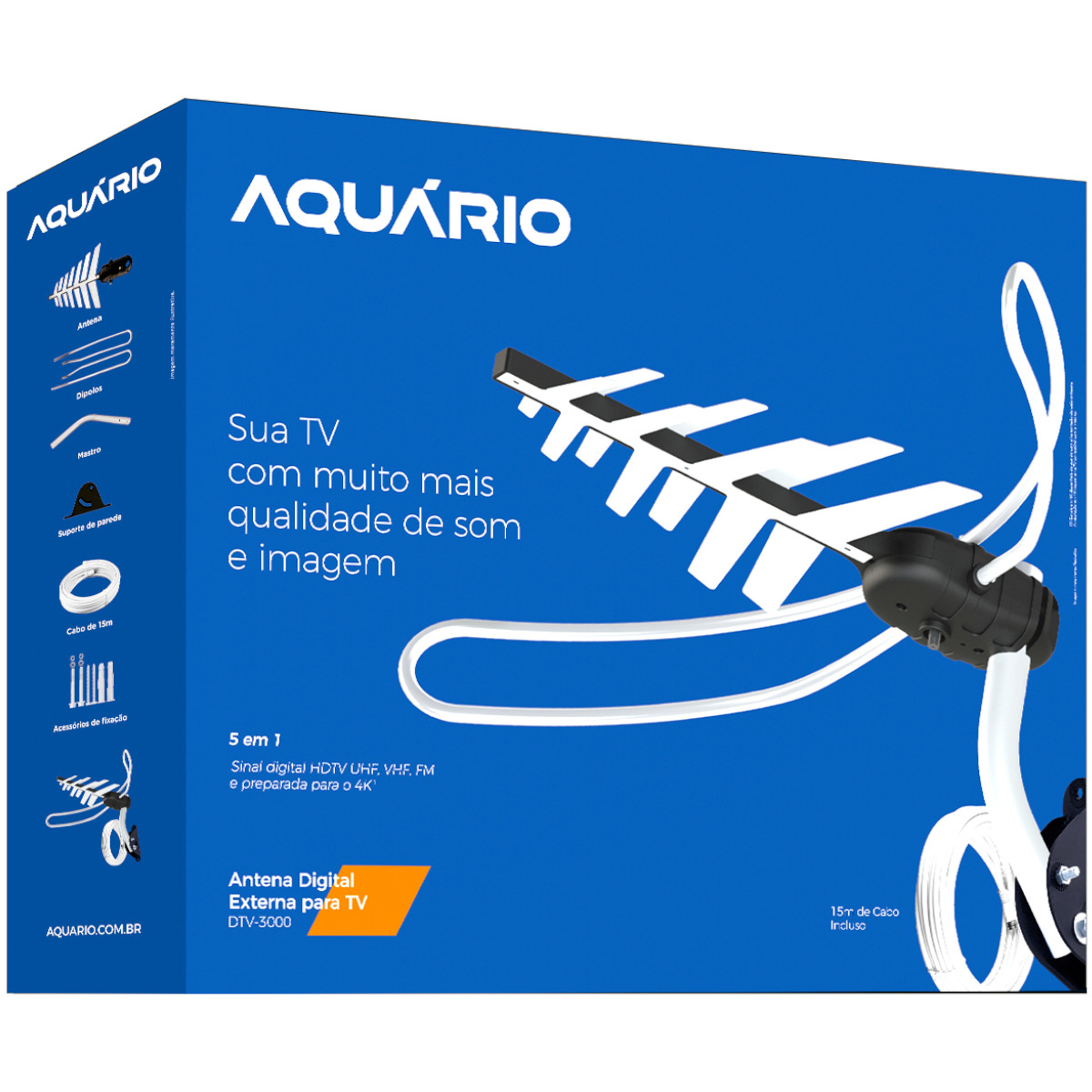 ANTENA TV DIGITAL EXTERNA 4 EM 1 VHF/UHF/FM/HDTV DTV-3000, COMPLETA, COM MASTRO E CABOS 15 METROS - Imagem 4