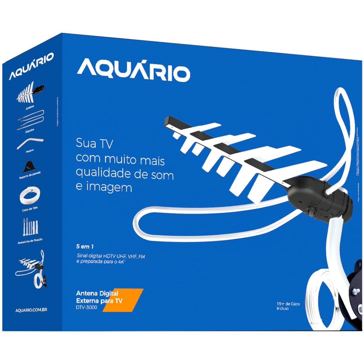 ANTENA TV DIGITAL EXTERNA 4 EM 1 VHF/UHF/FM/HDTV DTV-3000, COMPLETA, COM MASTRO E CABOS 15 METROS - Imagem 7